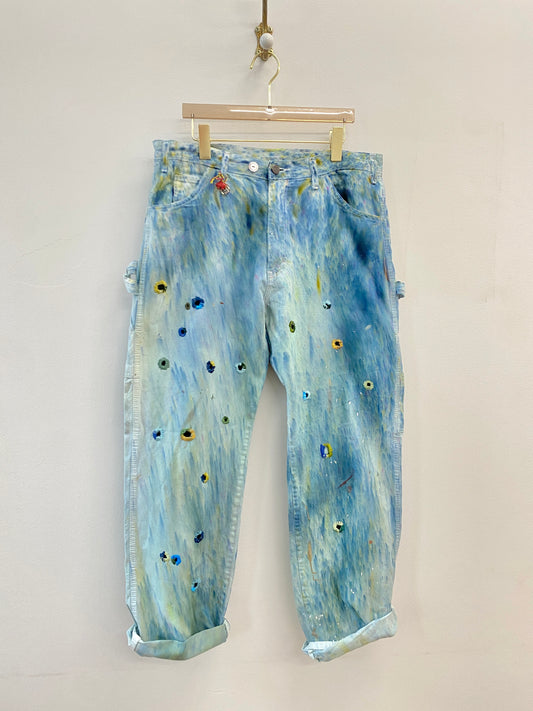 Blue Painters Pants w/ Green,Mustard & Blue Hand Embroidered Hole & Cracker Jack Charms (Reworked)