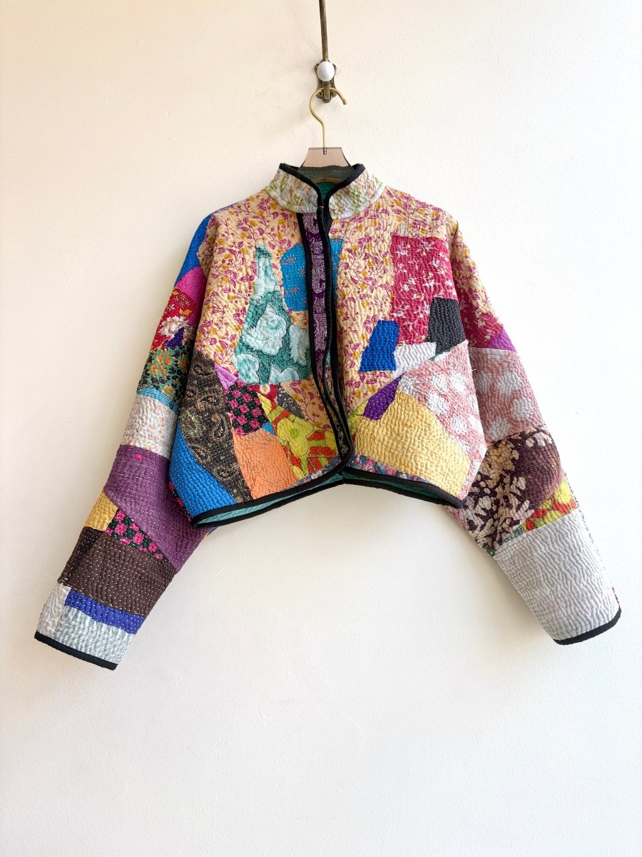 Reversible Kaira Quilted Cropped Jacket in Colors Teal, Jade, Ice Blue & Multi Colored Patchwork - Made X Hudson