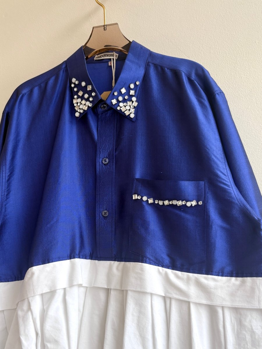 Empire Shirtwaist Dress in Iridescent Cobalt Blue & White w/ Hand - beading (Reworked) - Made X Hudson