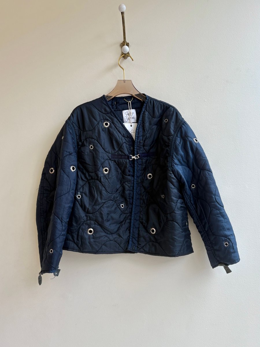 Navy Army Liner Quilted Coat w/ Silver Grommets & Clasp (Reworked) - Made X Hudson