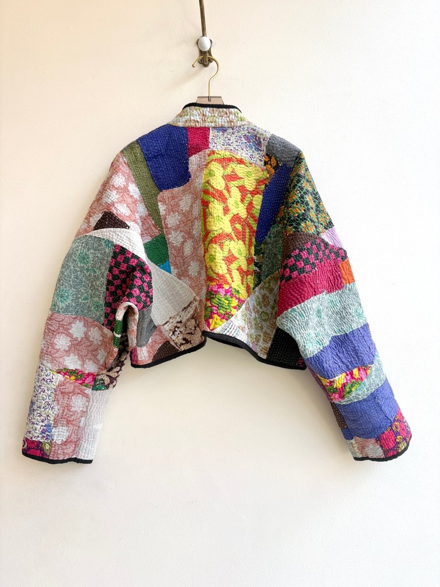 Reversible Kaira Quilted Cropped Jacket in Colors Teal, Jade, Ice Blue & Multi Colored Patchwork - Made X Hudson