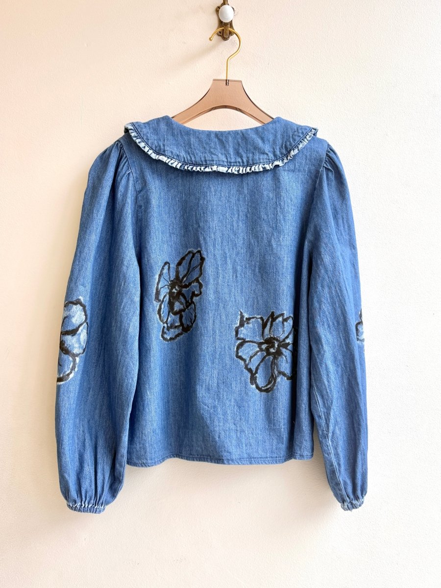 Blue Denim & Black Floral Printed Top (Reworked) - Made X Hudson