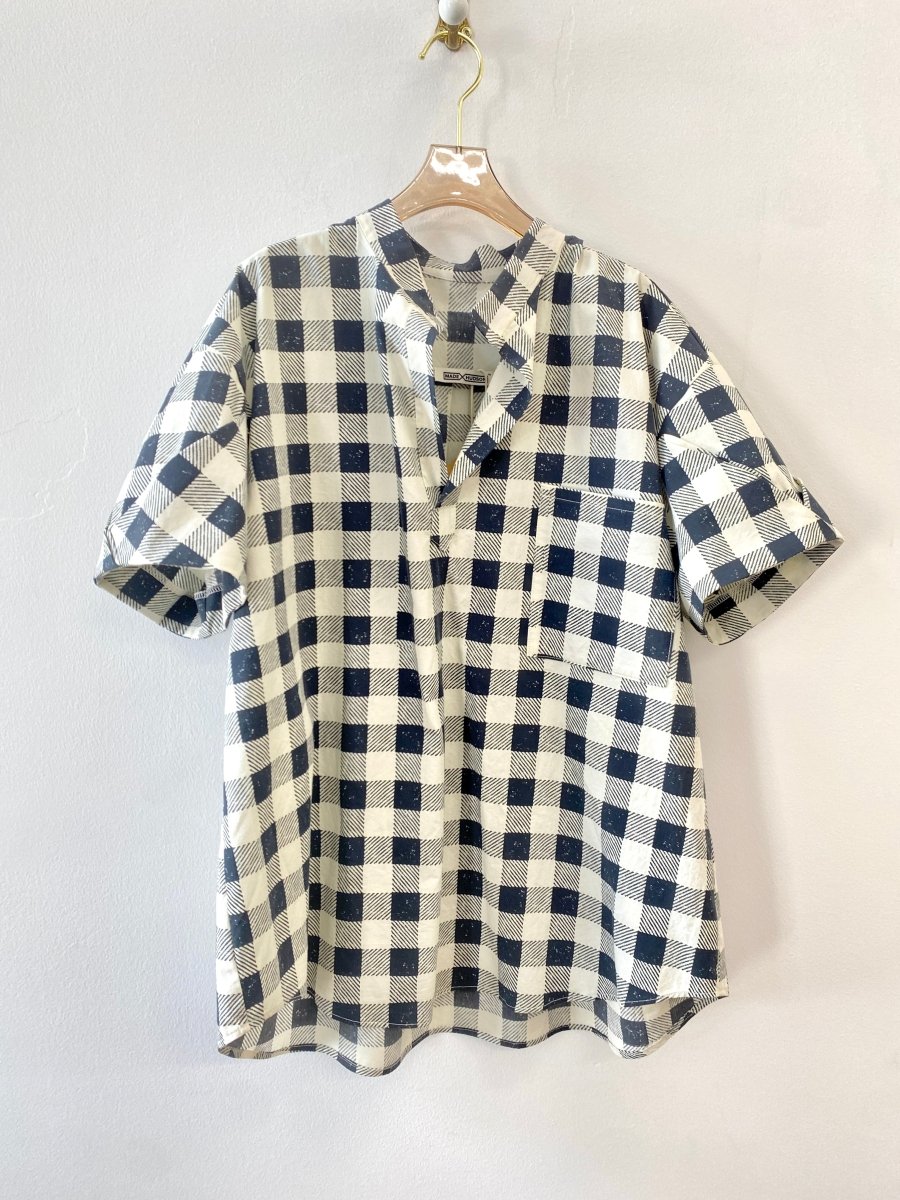 Black & White Gingham Deadstock Novelty Fabric Shirt w/ Pocket Front & Draped Sleeves - Made X Hudson