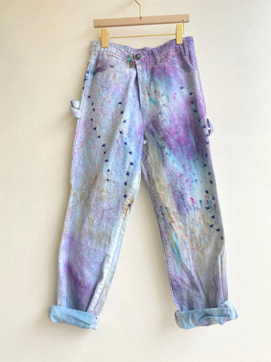 Blue & Pink Star Embroidered Splatter Dyed Pants w/ Cracker Jack Charm (Reworked)