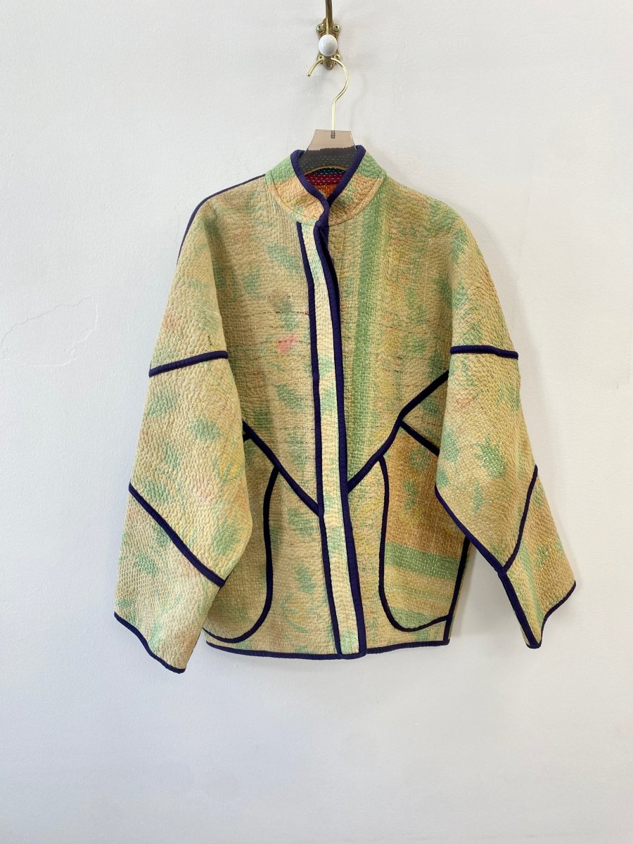 Reversible Ladhiya Quilted Jacket in Multi - Colored Patchwork w/ Green, Orange, Red, Teal & Pastel Green, Orange, Yellow - Made X Hudson