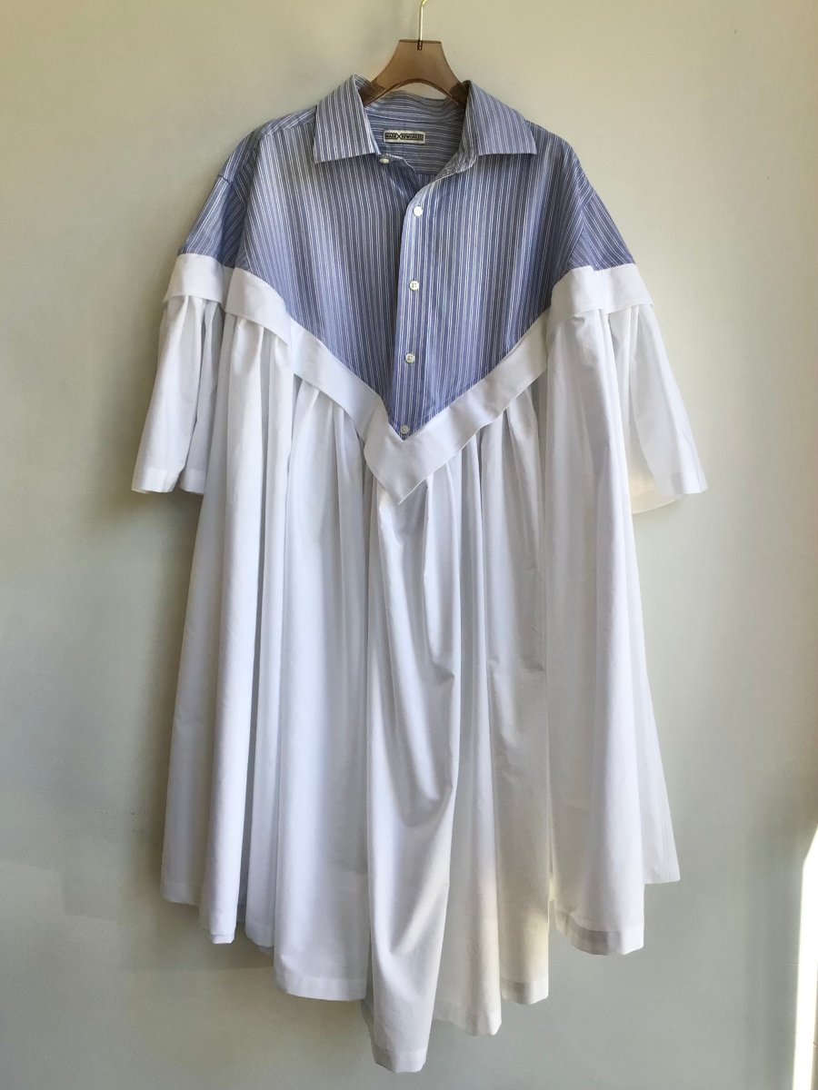 Flutter Sleeve Shirtwaist Dress in Blue, Black & White Stripe & White (Reworked) - Made X Hudson