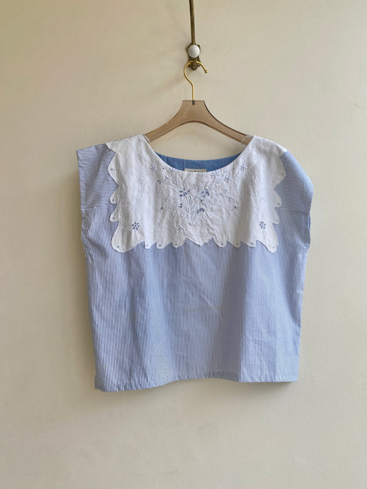 Blue & White Pinstripe Box Top w/ White Embroidered Appliqué