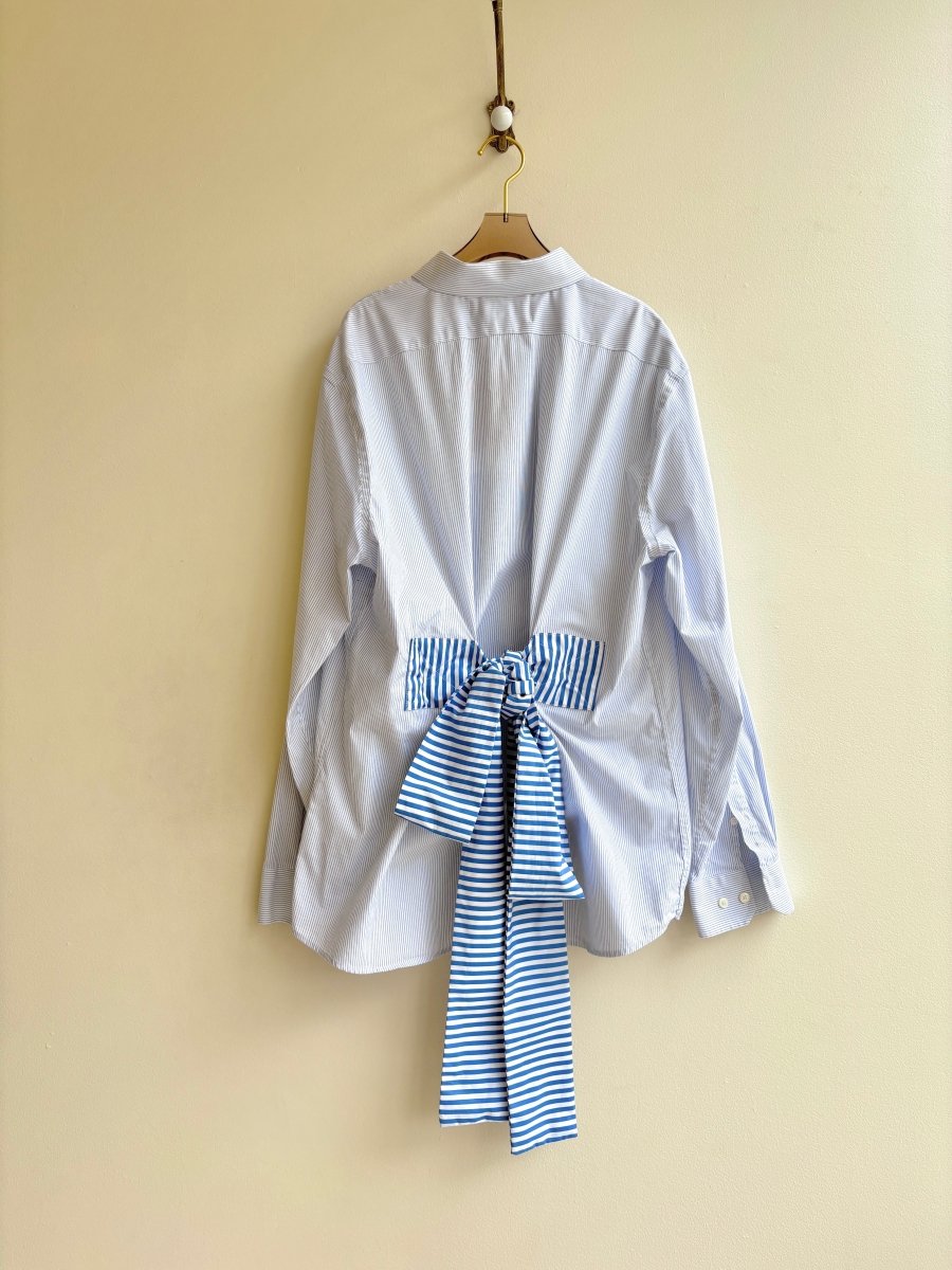 The Patrick Top | Blue Mini Stripe Shirt w/ Wide Stripe Belting (Reworked) - Made X Hudson