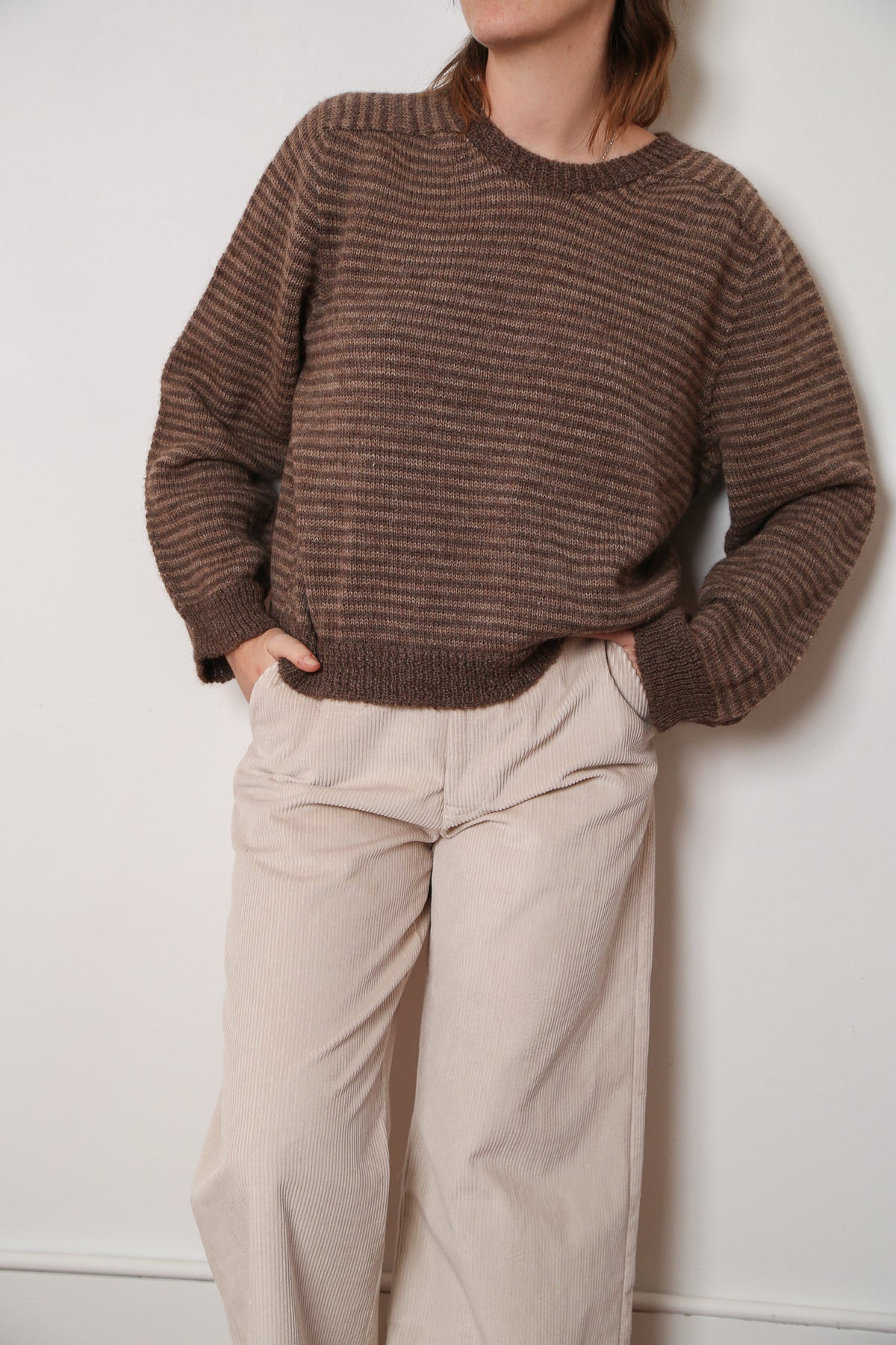 Taupe and Brown Cropped Crewneck Sweater