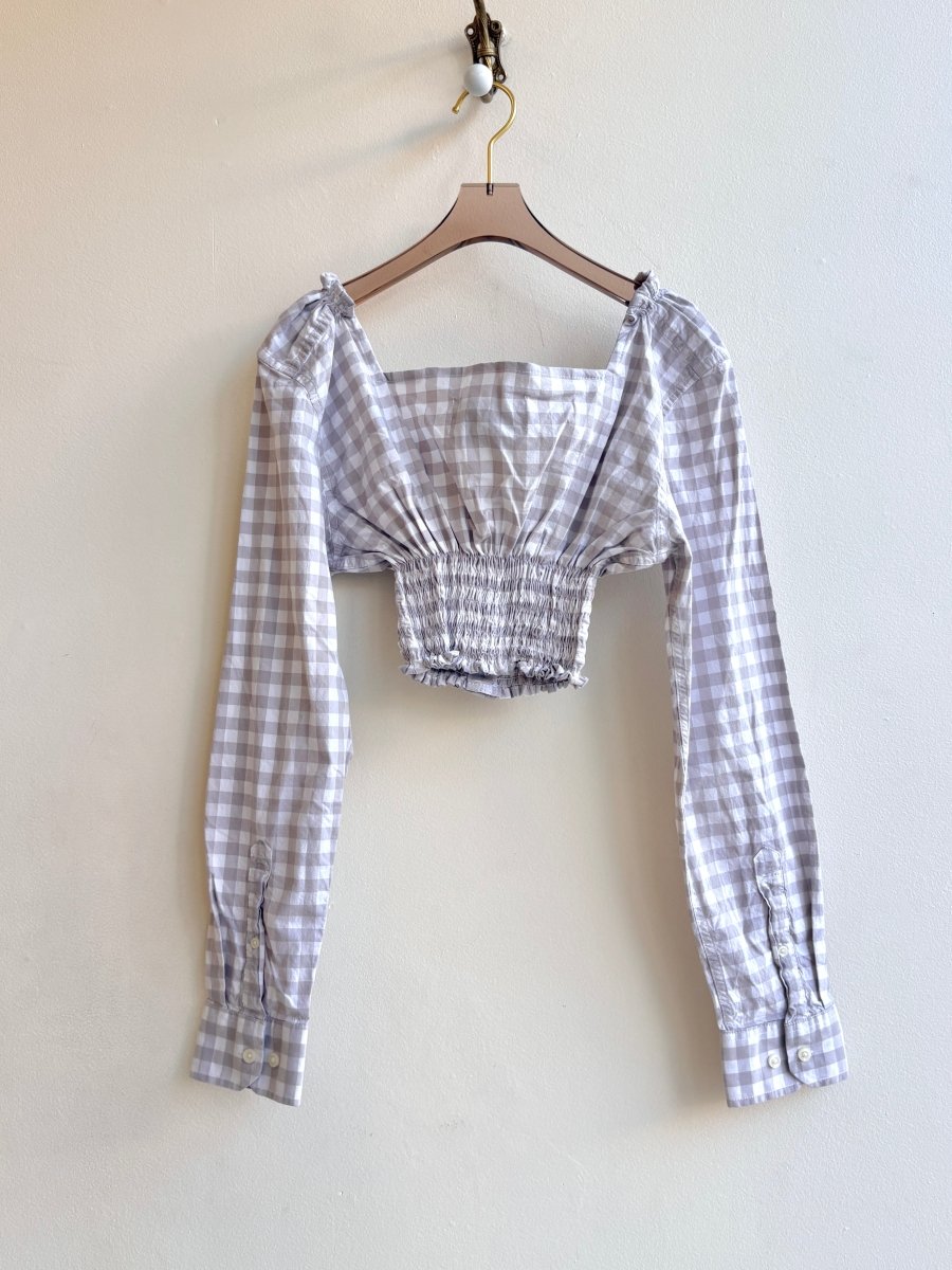 The Edward Top | Light Grey Gingham Off The Shoulder Top w/ Smocked Waist (Reworked) - Made X Hudson