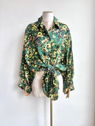 Silk Button Down Long Shirt in Forest Green, Bronze, and Black Floral Print - Made X Hudson