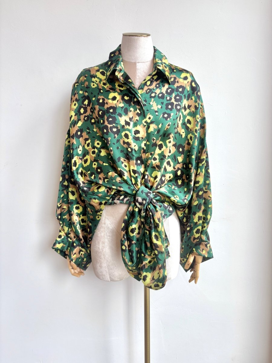 Silk Button Down Long Shirt in Forest Green, Bronze, and Black Floral Print - Made X Hudson
