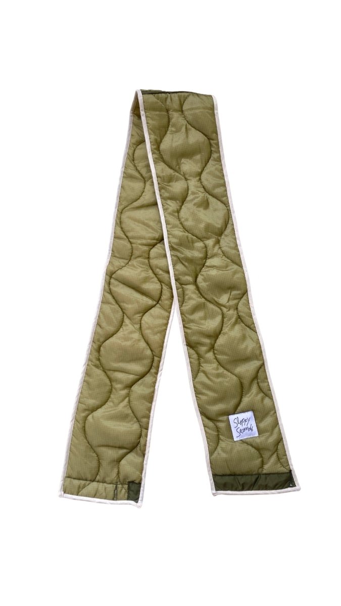 Light Olive Green Army Liner Quilted Scarf w/ White Bias Accent (Reworked) - Made X Hudson
