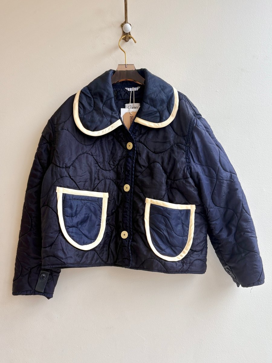 Deep Navy Blue Army Liner Quilted Coat w/ Yellow Trimmed Pockets & Collar & Ivory Buttons (Reworked) - Made X Hudson