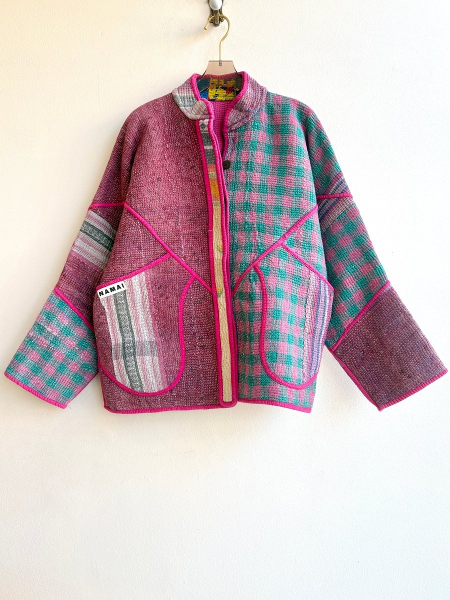 Reversible Ladhiya Quilted Jacket in Color Pink, Teal Plaid & Pink, Blue, Red Flower - Made X Hudson
