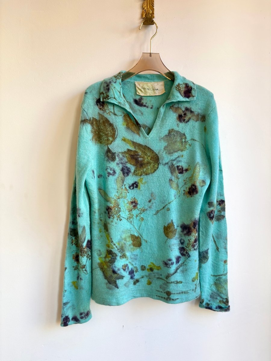 Turquoise Cashmere Eco Printed V - neck Sweater (Reworked) - Made X Hudson