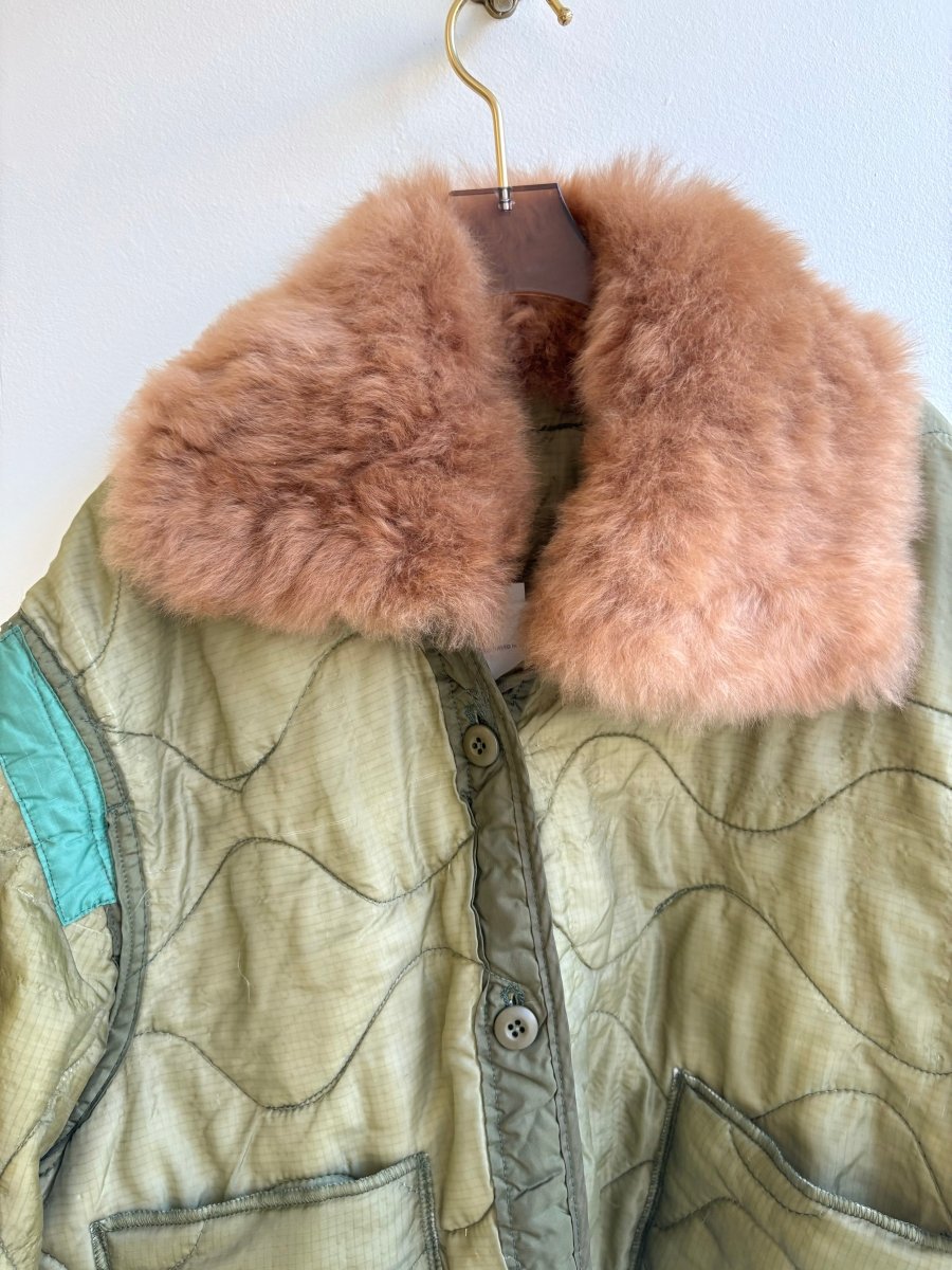 Olive Green Patched Army Liner Quilted Coat w/ Caramel Alpaca Fur Collar (Reworked) - Made X Hudson
