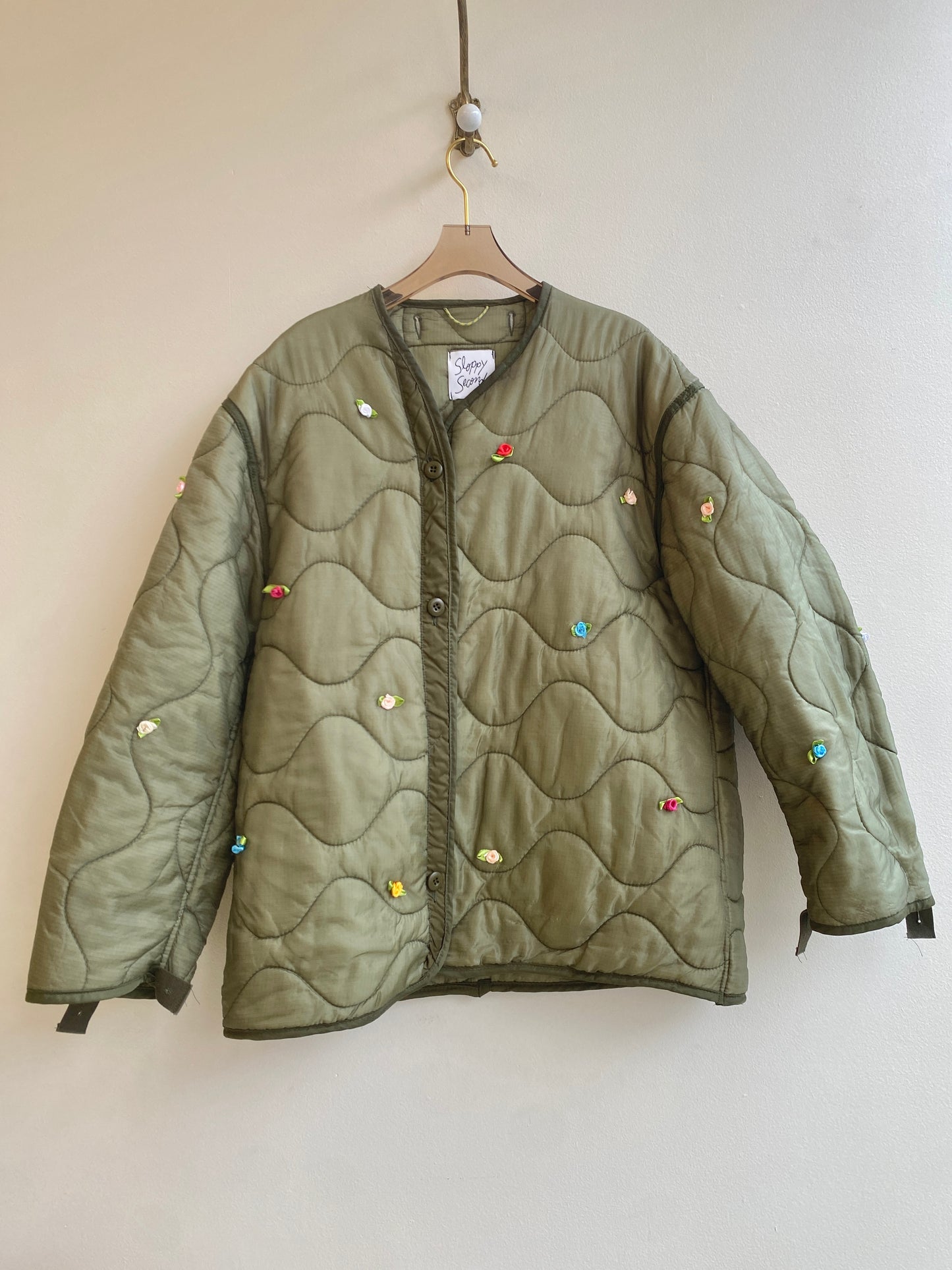 Olive Green Army Liner Quilted Coat w/ Multi-Colored Rosettes