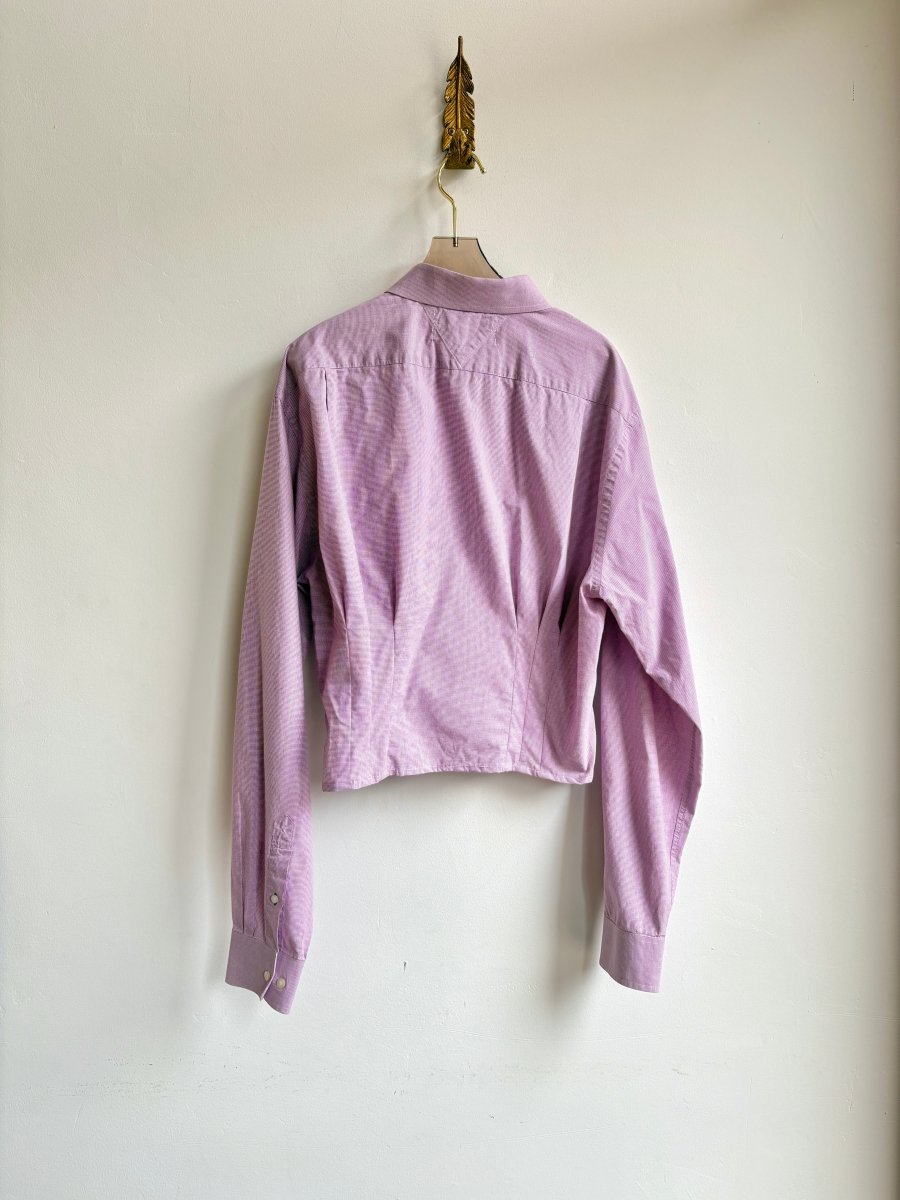 The Kevin Top | Dusty Pink Micro Plaid Button Down Top w/ Gathered Waist (Reworked) - Made X Hudson