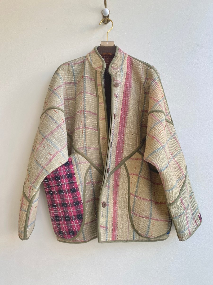 Reversible Ladhiya Quilted Jacket in Colors Brick, Yellow, Pink Patchwork & Sage, Red Plaid - Made X Hudson