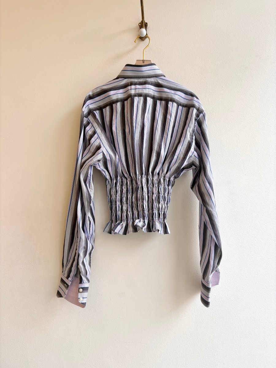 The George Top | Grey, Brown, Red, & Blue Striped Button Down Top w/ Smocked Waist (Reworked) - Made X Hudson