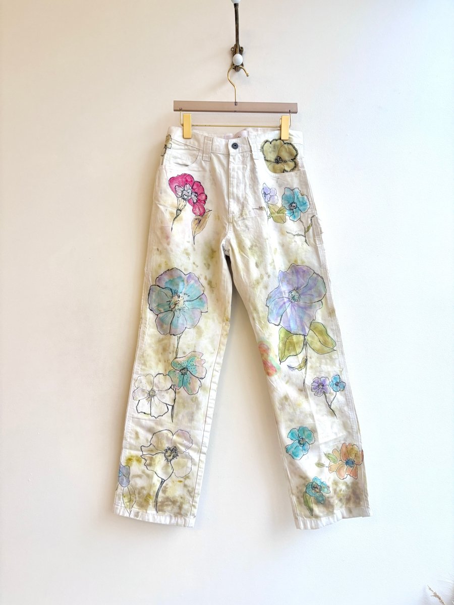 Multi Colored Floral Eco Printed, Painted & Hand Drawn Pants (Reworked) - Made X Hudson