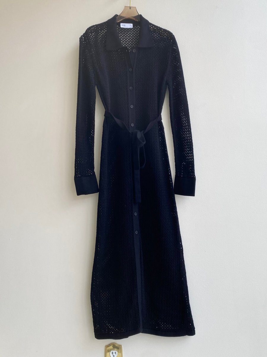 Openwork Knit Button Down Dress w/ Belt (Black) - Made X Hudson
