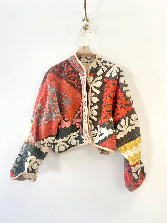 Reversible Kaira Quilted Cropped Jacket in Colors Red, Gray, Yellow, Black & Flax