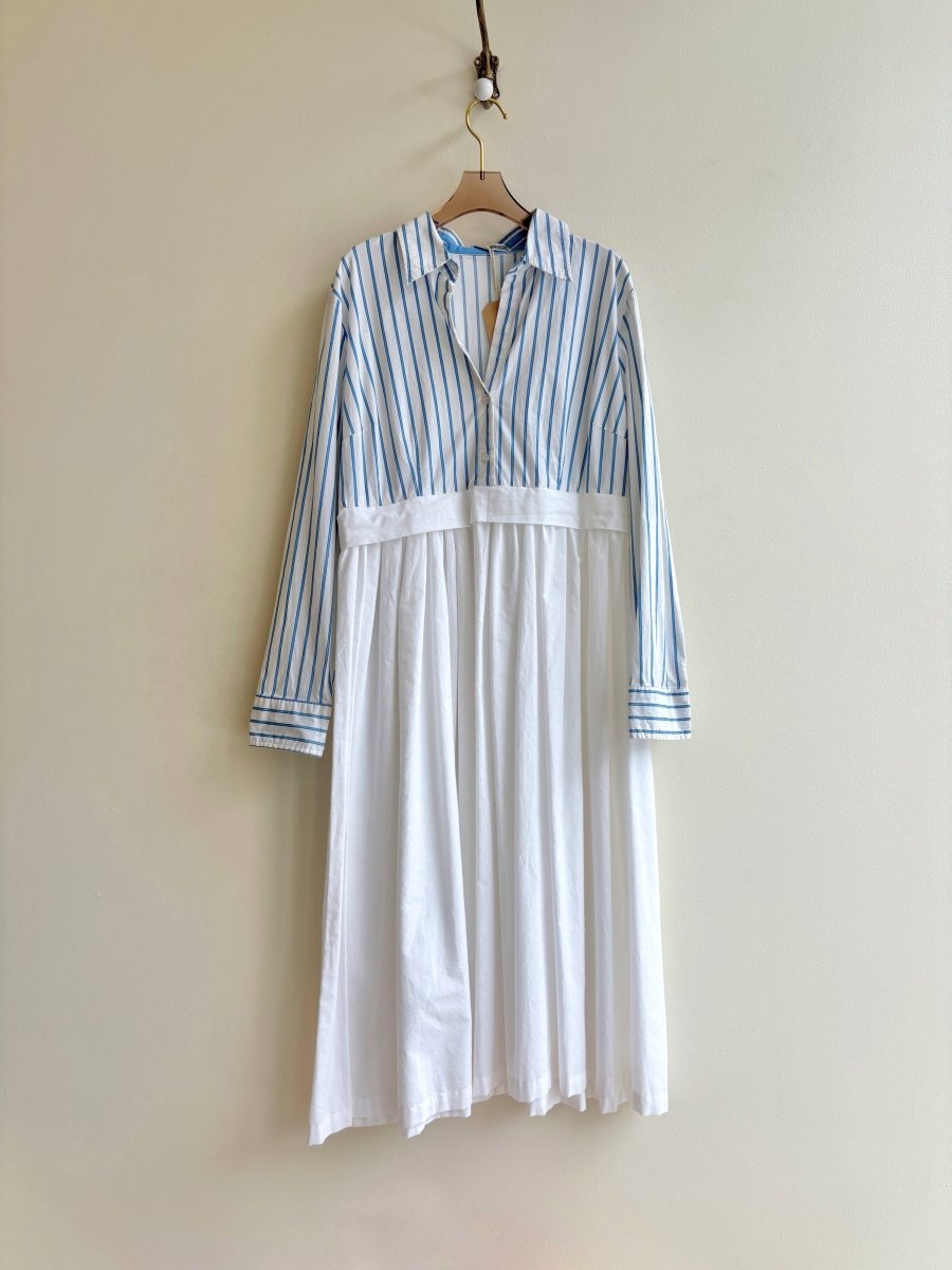 Empire Shirtwaist Dress in Blue & White Shadow Stripe & White (Reworked) - Made X Hudson