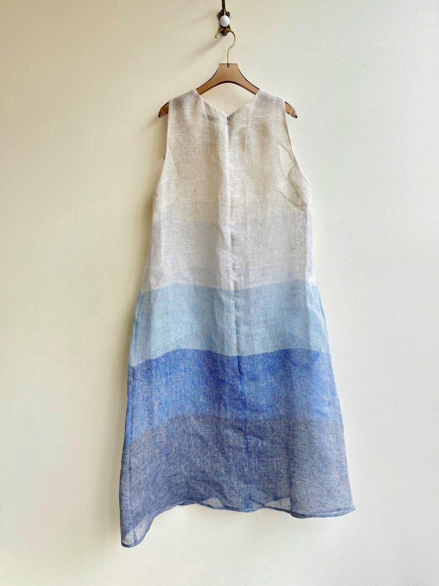 Blue Ombre Stripe Linen Chore Dress w/ Patch Pockets - Made X Hudson