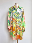 Silk Button Down Long Shirt in Lime and Pink Tropical Leaf Print - Made X Hudson