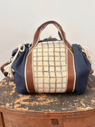 Mini Cross - Body Duffel Bag in Navy Hemp Cotton and Woven Grid Pattern w/ Brown Webbing - Made X Hudson