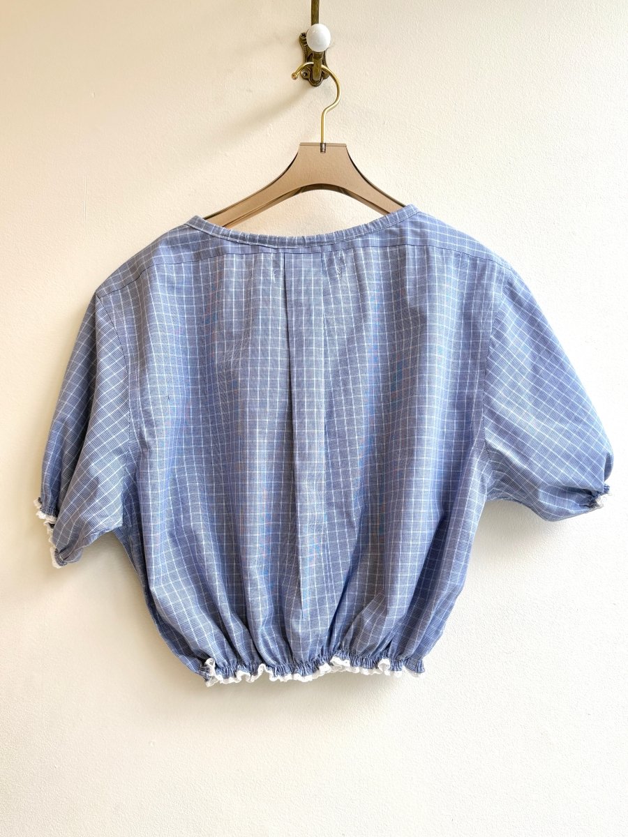 The Henry Top | Steel Blue Micro Grid Cap Sleeve w/ Smocked Waist & Eyelet Trim (Reworked) - Made X Hudson