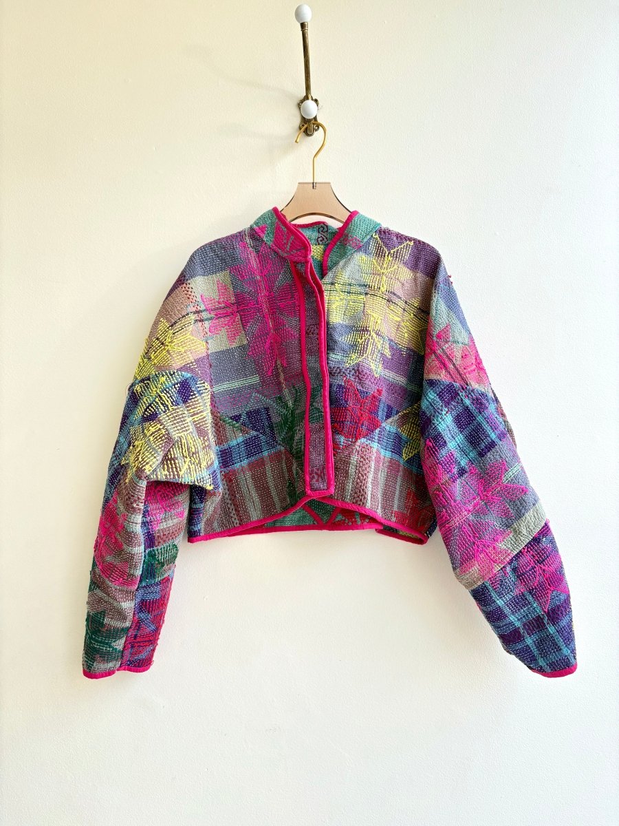 Reversible Kaira Quilted Cropped Jacket in Colors Blue, Green, Bright Pink, Yellow, Red & Purple, Blue, Tan, Bright Pink, Yellow, Green - Made X Hudson