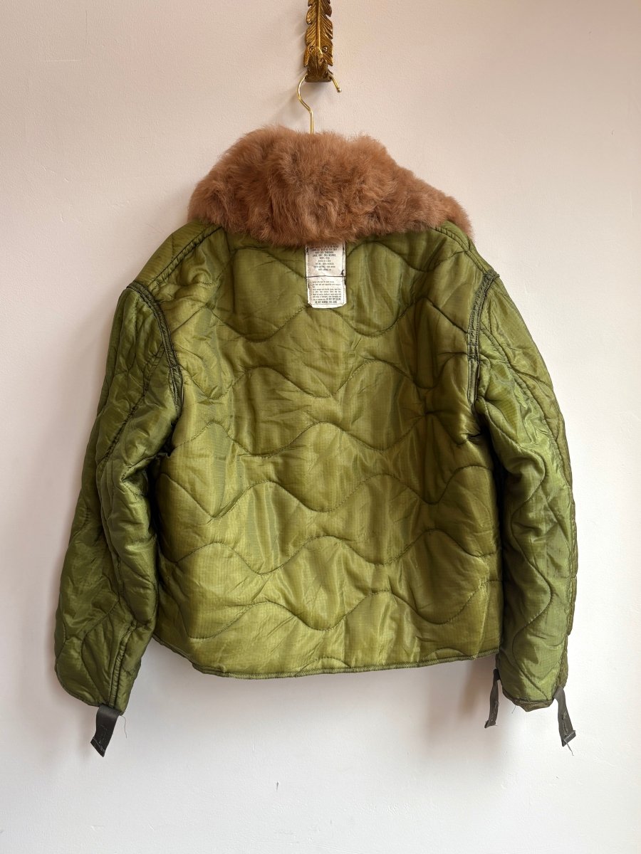 Light Olive Army Liner Quilted Coat w/ Carmel Alpaca Fur Collar & Gold Tone Clasps (Reworked) - Made X Hudson