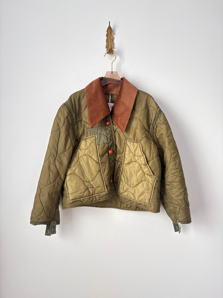 Dark Olive Green Army Liner Quilted Coat w/ Brown Corduroy Collar, Brown Buttons, & Light Olive Pockets (Reworked) - Made X Hudson