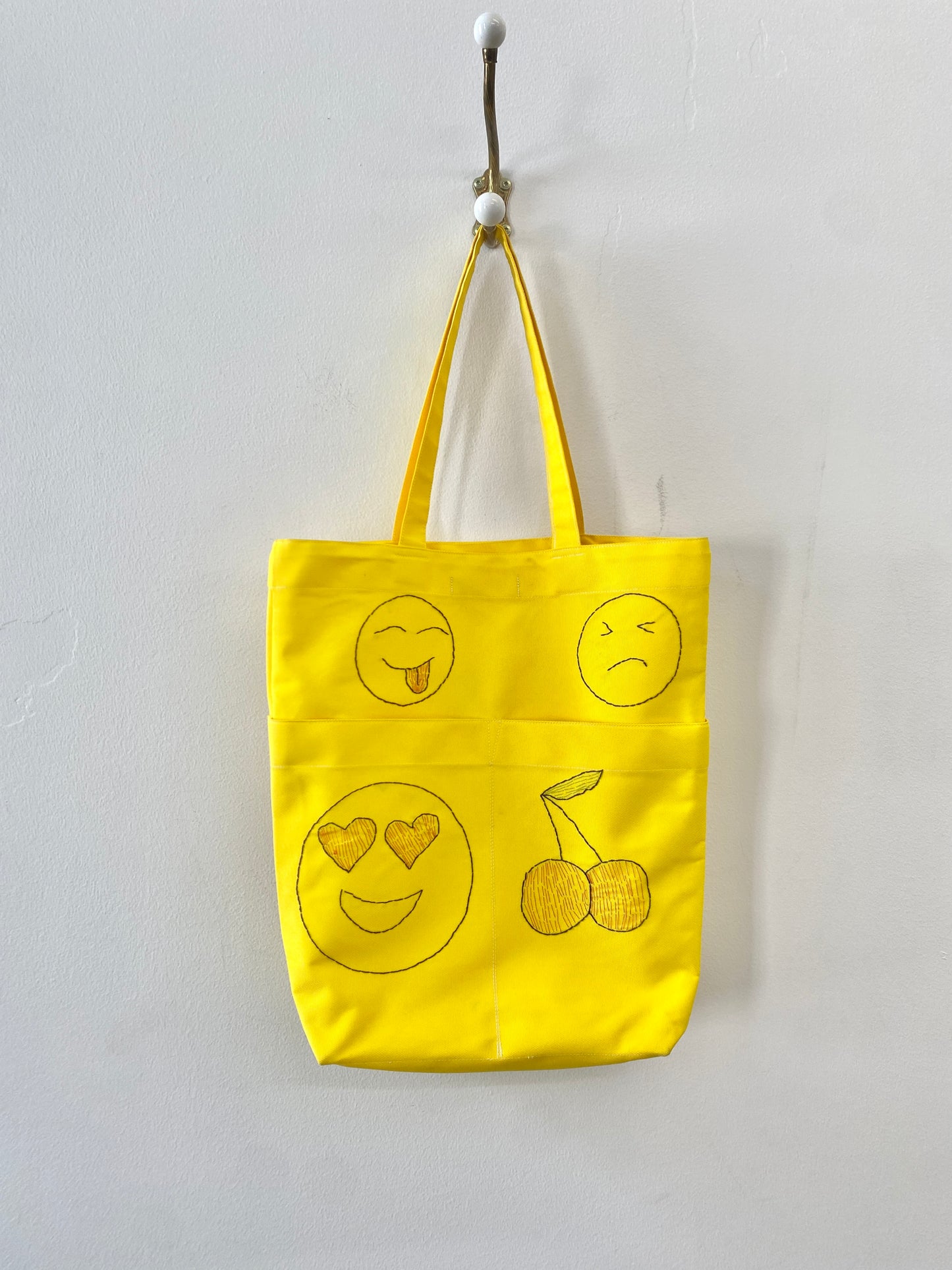 Yellow Hand Embroidered Canvas Emoji Tote