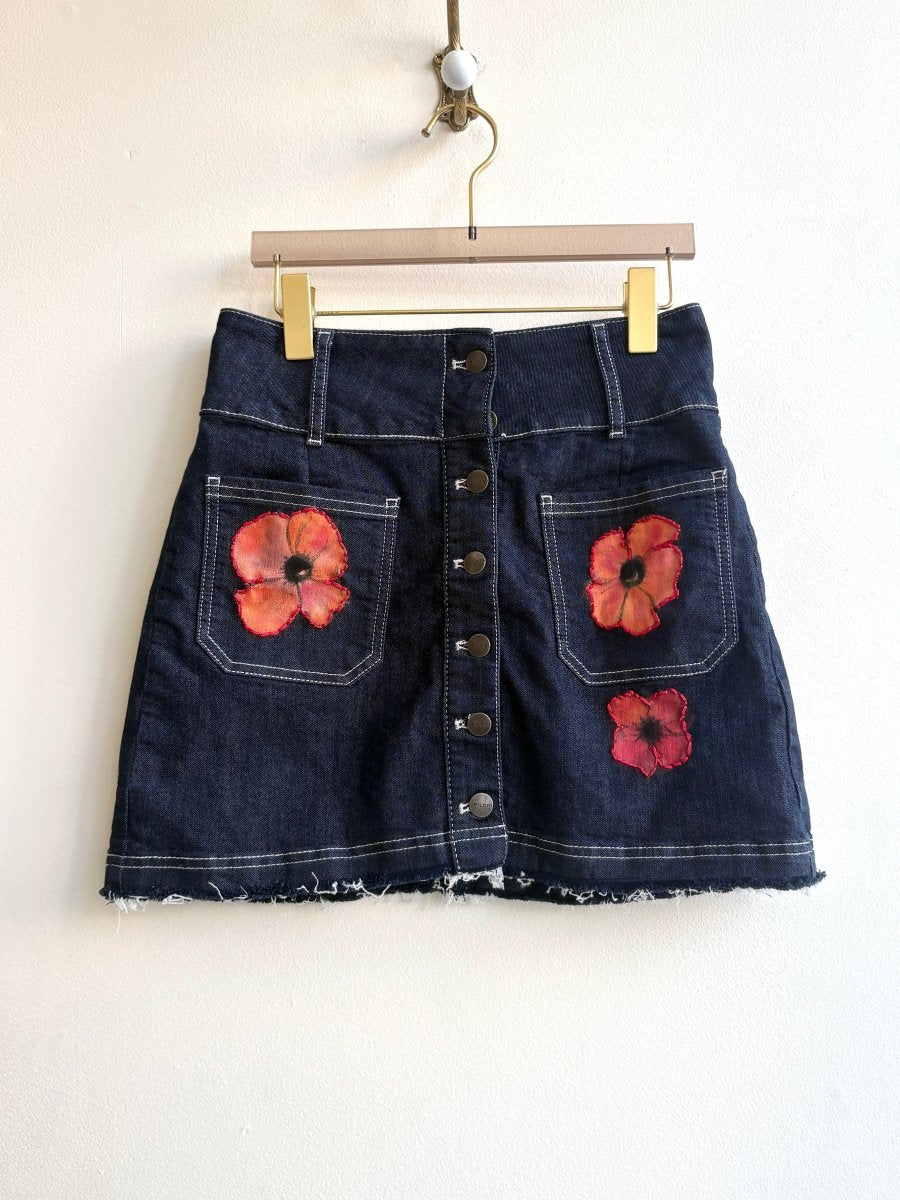 Dark Denim Button Skirt with Embroidered Red Flowers (Reworked) - Made X Hudson