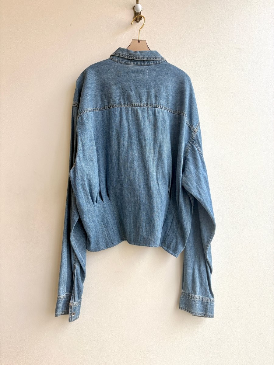 The Kevin Top | Cloud Blue Denim w/ Gathered Waist and Silver Post Buttons (Reworked) - Made X Hudson