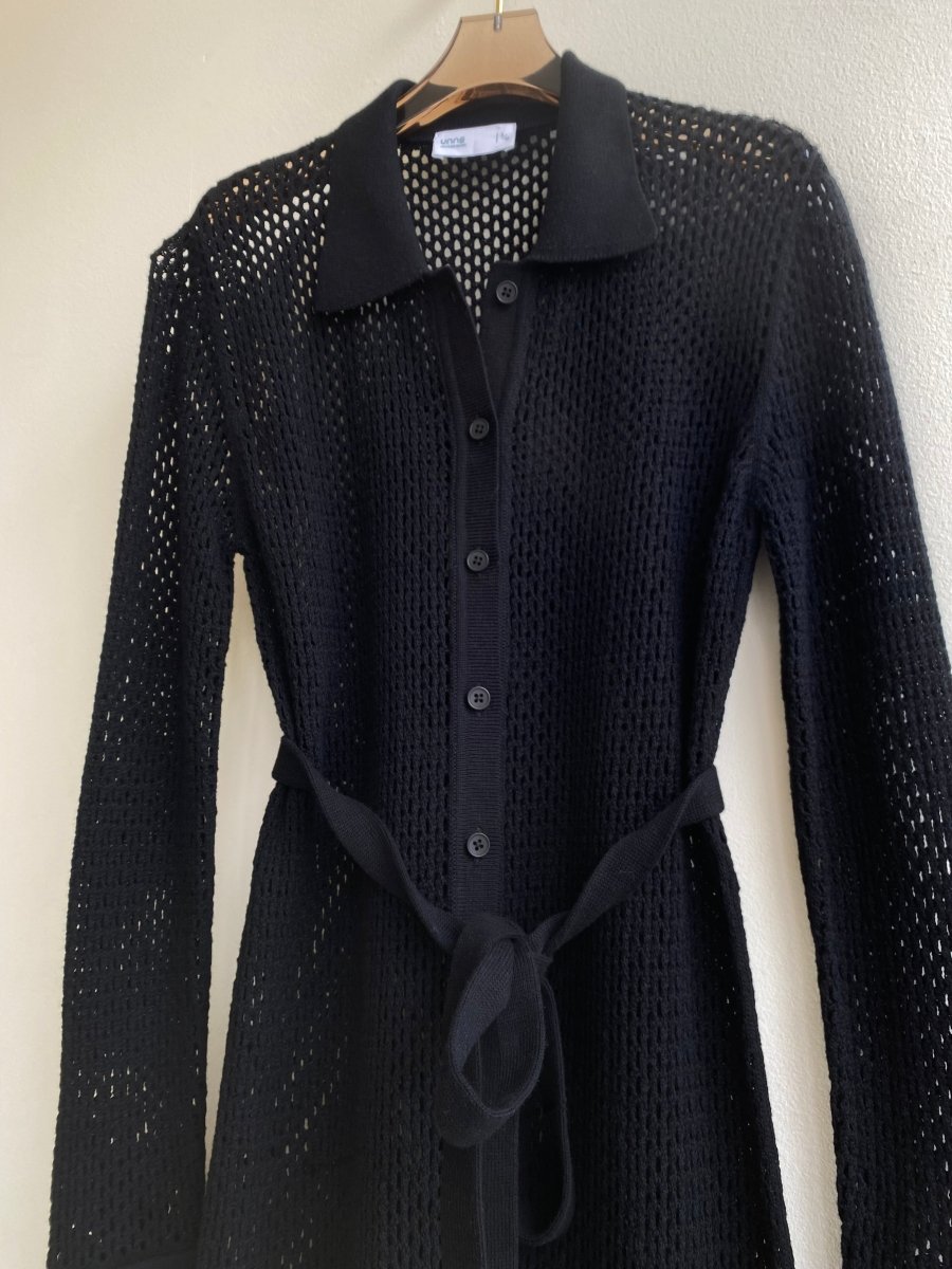 Openwork Knit Button Down Dress w/ Belt (Black) - Made X Hudson