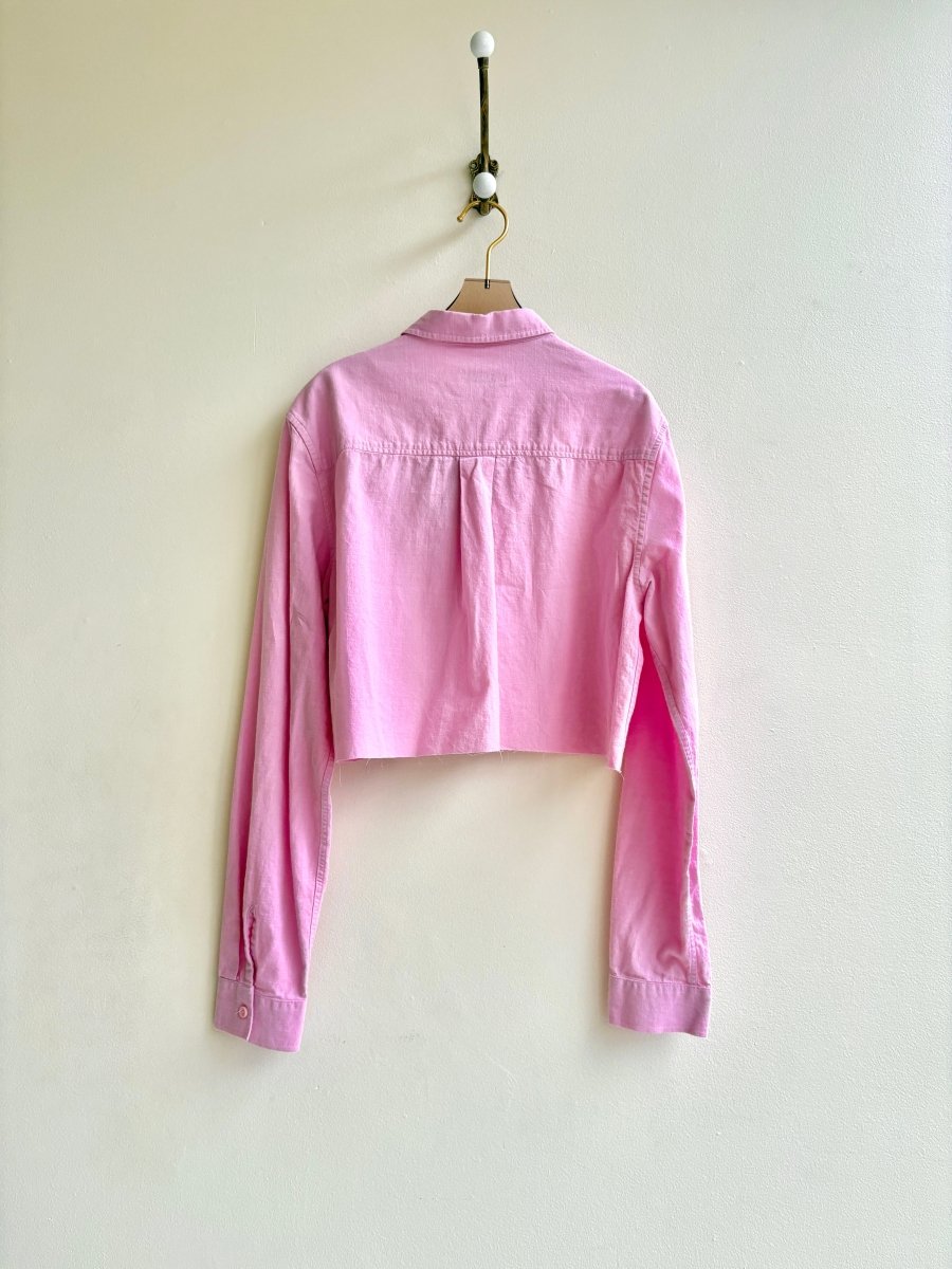 Pink Annette Crop Top w/ Light Blue Embroidered “Apres” (Reworked) - Made X Hudson