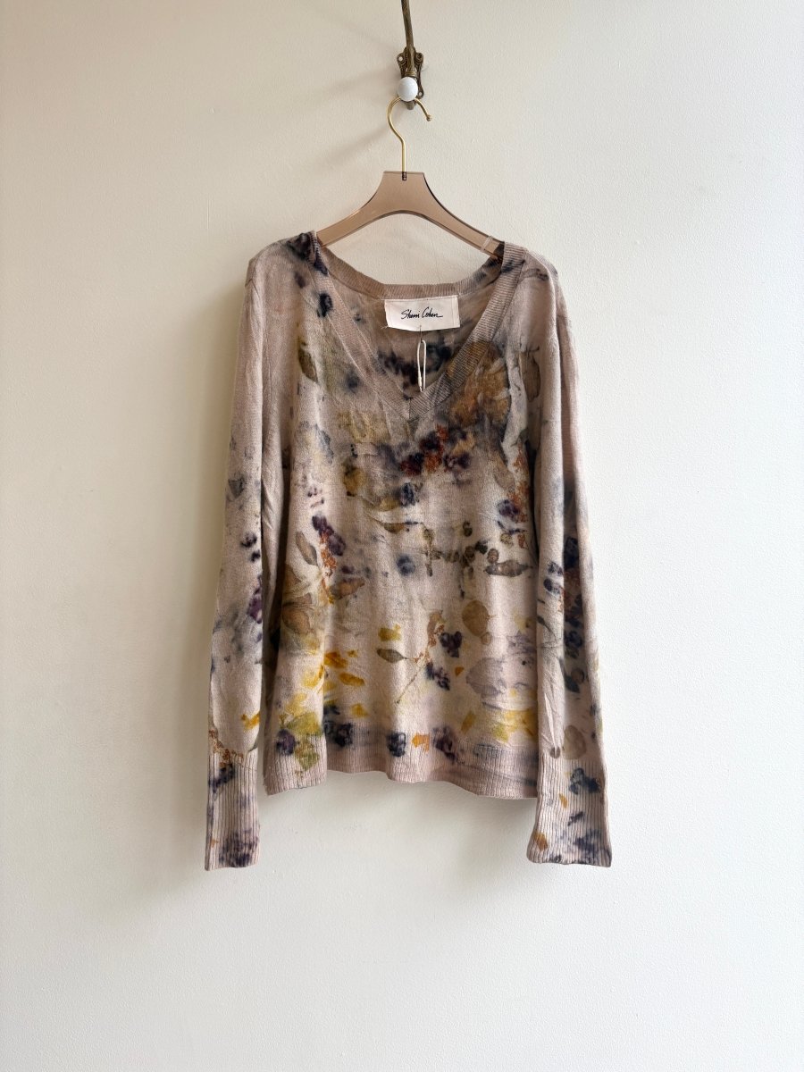 Pale Pink & Yellow Cashmere Eco Printed V - neck Sweater (Reworked) - Made X Hudson