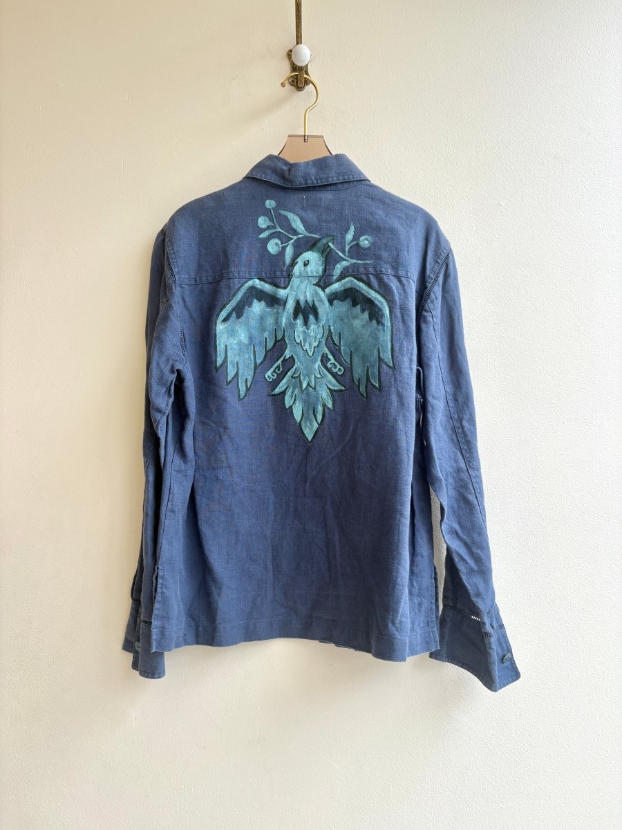 Folk Falcon in Icy Blue Linen Button Up | Hand Painted (Reworked) - Made X Hudson