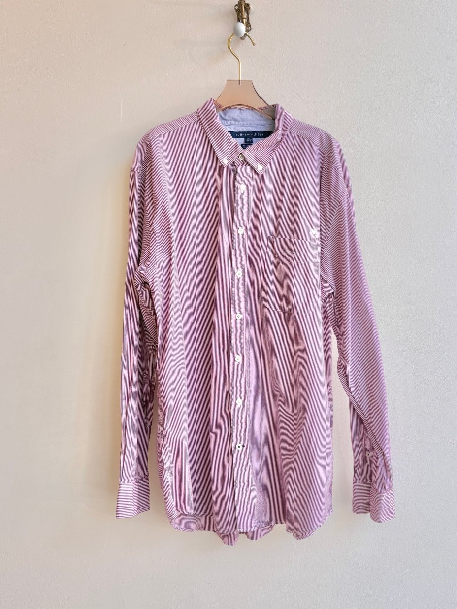 Red Micro Stripe Everyday Button Down with Embroidered Hearts (Reworked) - Made X Hudson