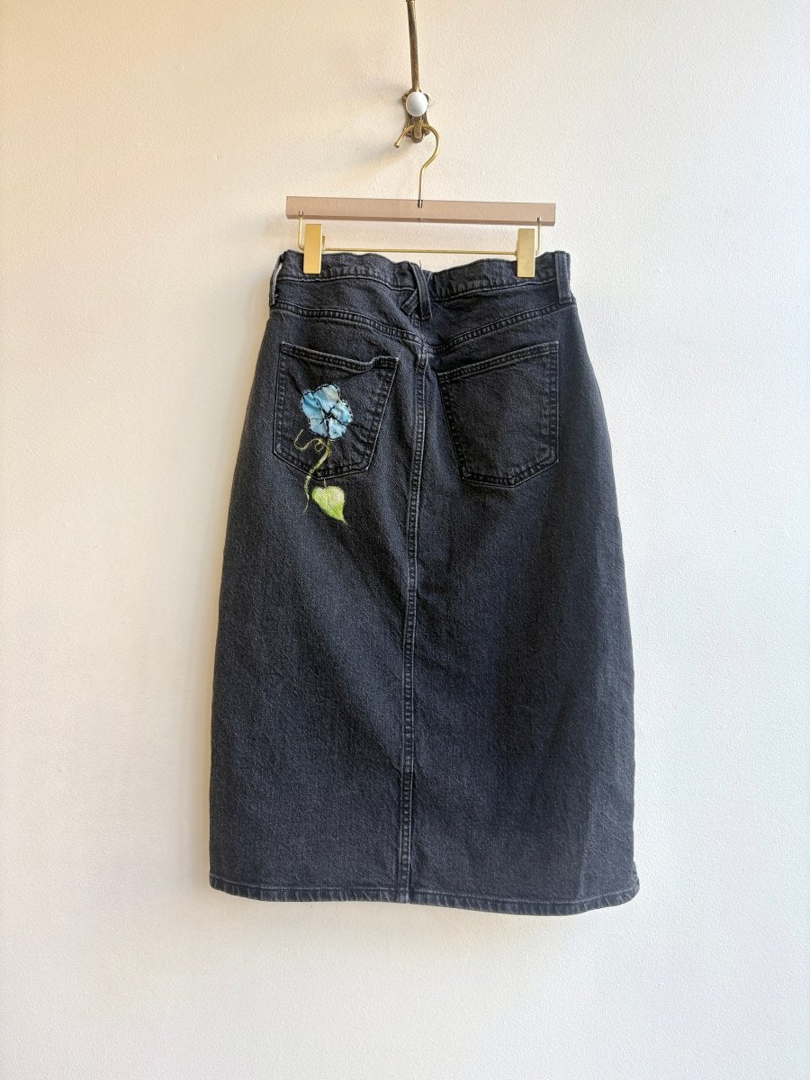 Black Denim Skirt with Hand Painted and Embroidered Morning Glories (Reworked) - Made X Hudson