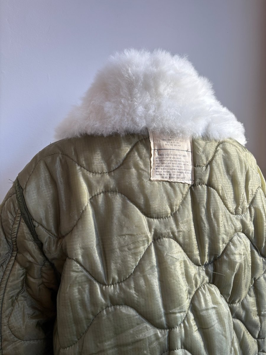 Olive Army Liner Quilted Coat w/ White Alpaca Fur Collar & Brown Canvas & Silver - Tone Clasps (Reworked) - Made X Hudson