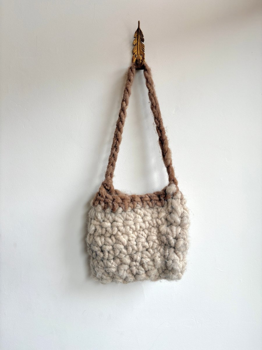 Cream and Brown Wool Fiber Handmade Crochet Bag - Made X Hudson