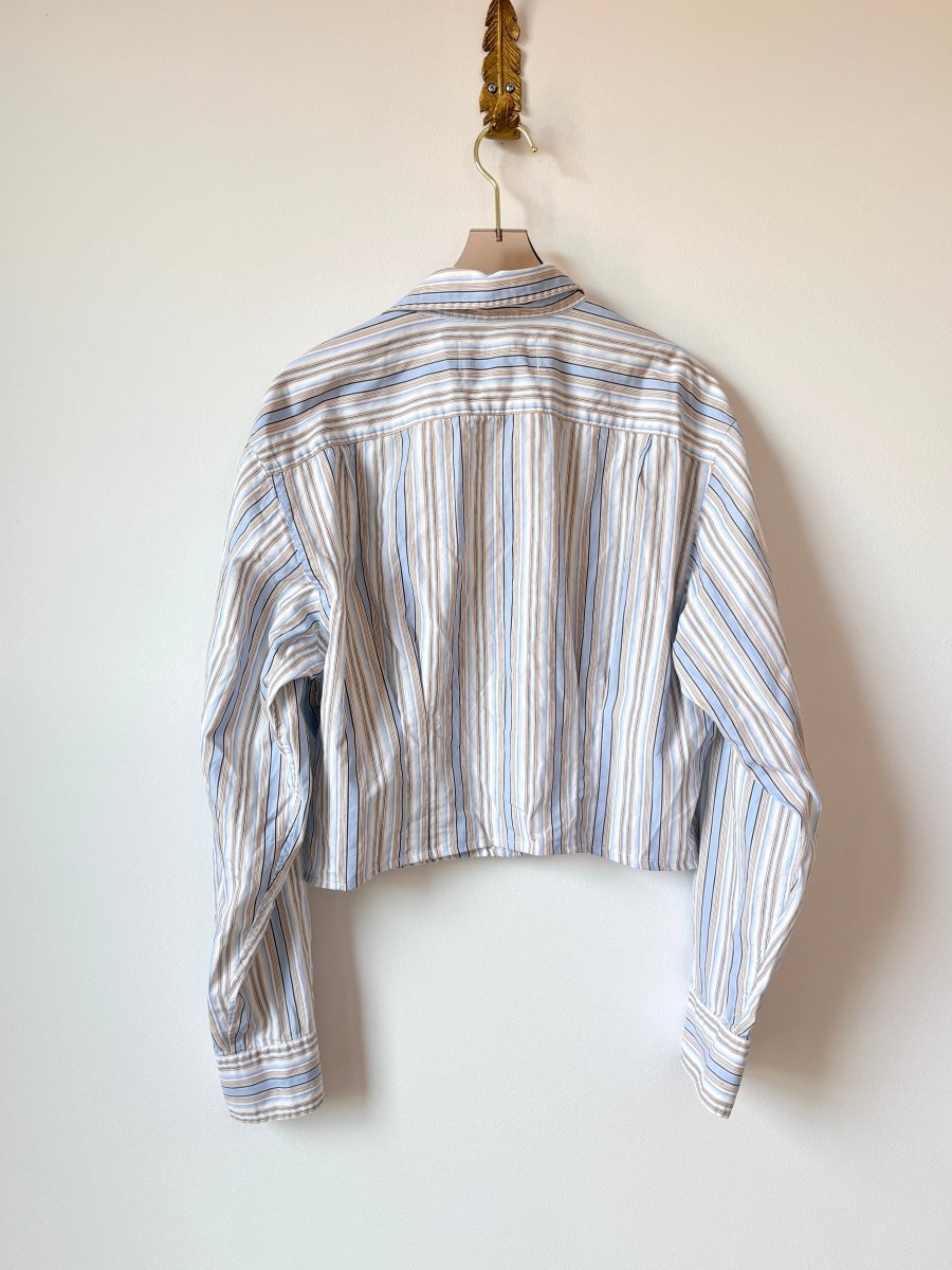 The Kevin Top | White w/ Brown, Beige, & Sky Blue Stripes Button Down Top w/ Gathered Waist (Reworked) - Made X Hudson