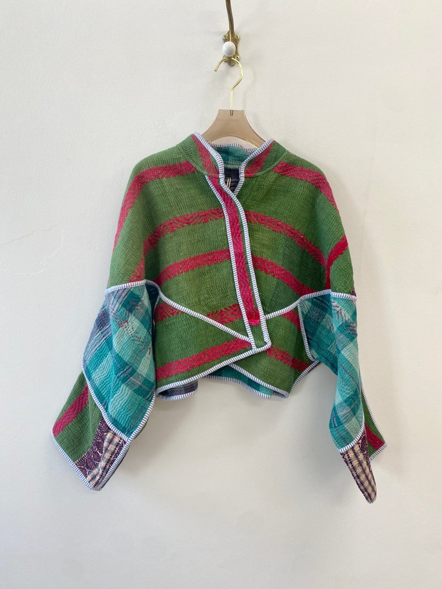 Reversible Kaira Quilted Cropped Jacket in Colors Green & Red Stripe w/ Turquoise Patchwork - Made X Hudson