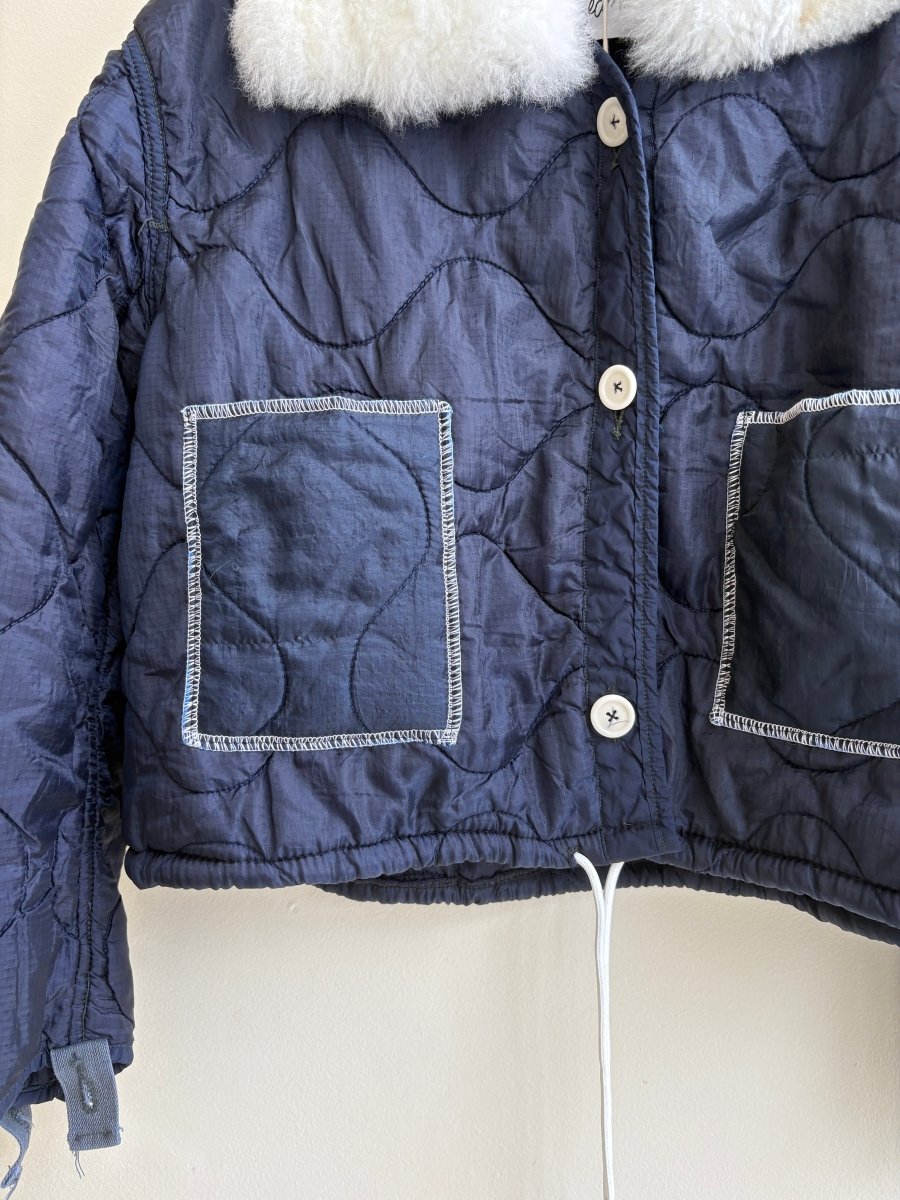 Navy Army Liner Quilted Coat w/ Cream Alpaca Fur Collar & White Button Close & White tassels - Made X Hudson